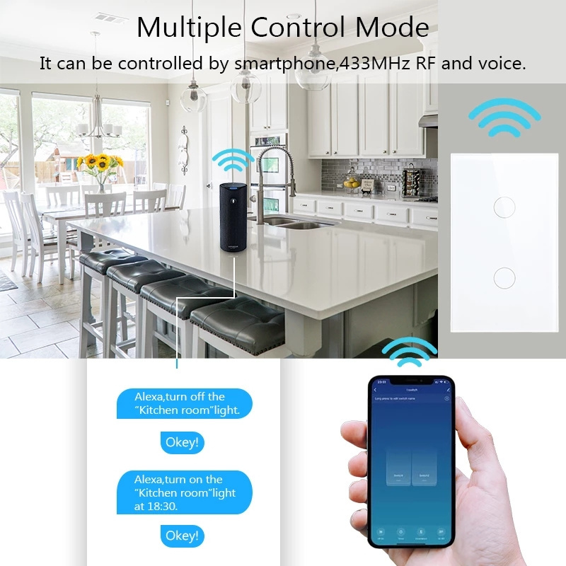 US standard Smart Home Wifi Touch Switch No Neutral Wire Required 1/2/3 Gang Light Switch Support Alexa Tuya App Remote