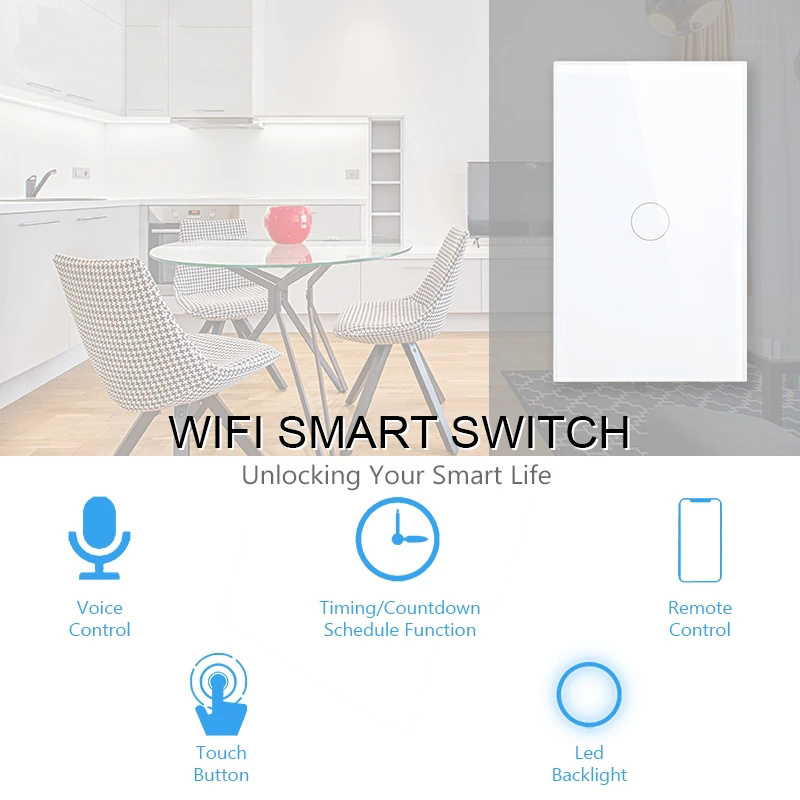 US standard Smart Home Wifi Touch Switch No Neutral Wire Required 1/2/3 Gang Light Switch Support Alexa Tuya App Remote