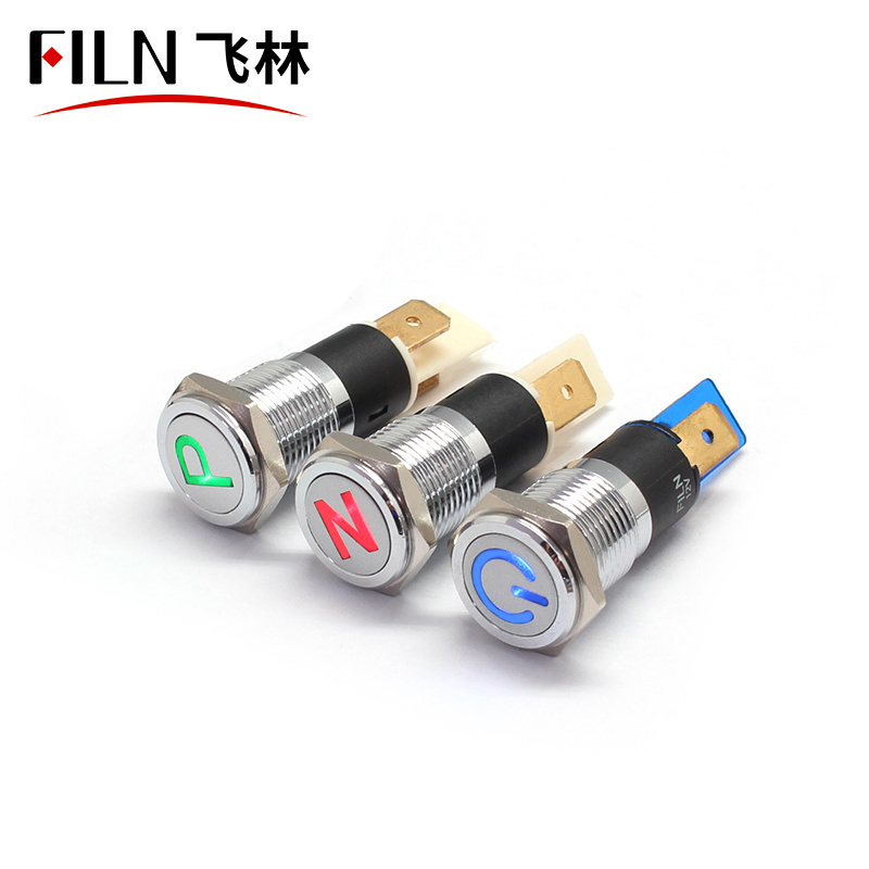 FILN 14mm flat head warning symbol metal black led red yellow white blue green 12v led indicator light with 20cm cable