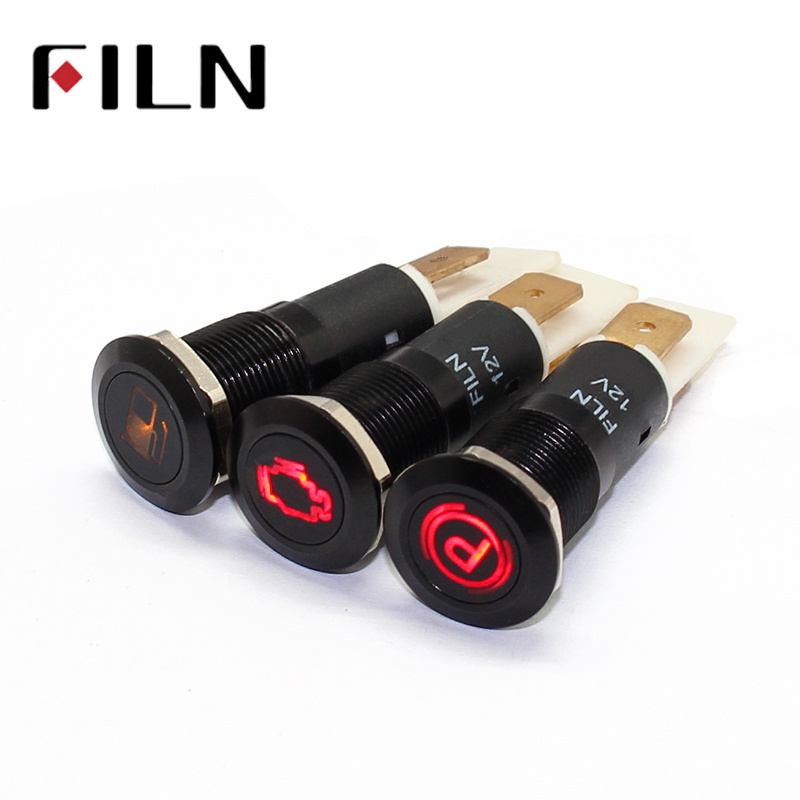 FILN 8mm flat head car indicator light metal black led with symbol 12v car indicator light led indicator light with pin