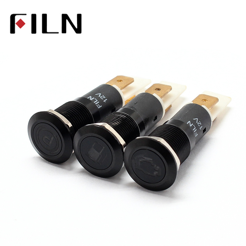 FILN 8mm flat head car indicator light metal black led with symbol 12v car indicator light led indicator light with pin