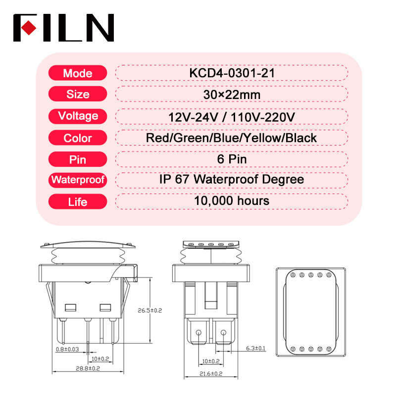 ON-OFF-ON  6pins led KCD4 Waterproof  panel customized switch  common surface 30A/12V t85 illuminated rocker switch