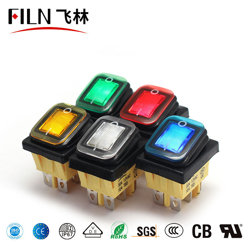 Filn kcd4 waterproof on off 2 positions 12v switch rocker switch t85 30A 250V red yellow blue led 4pins