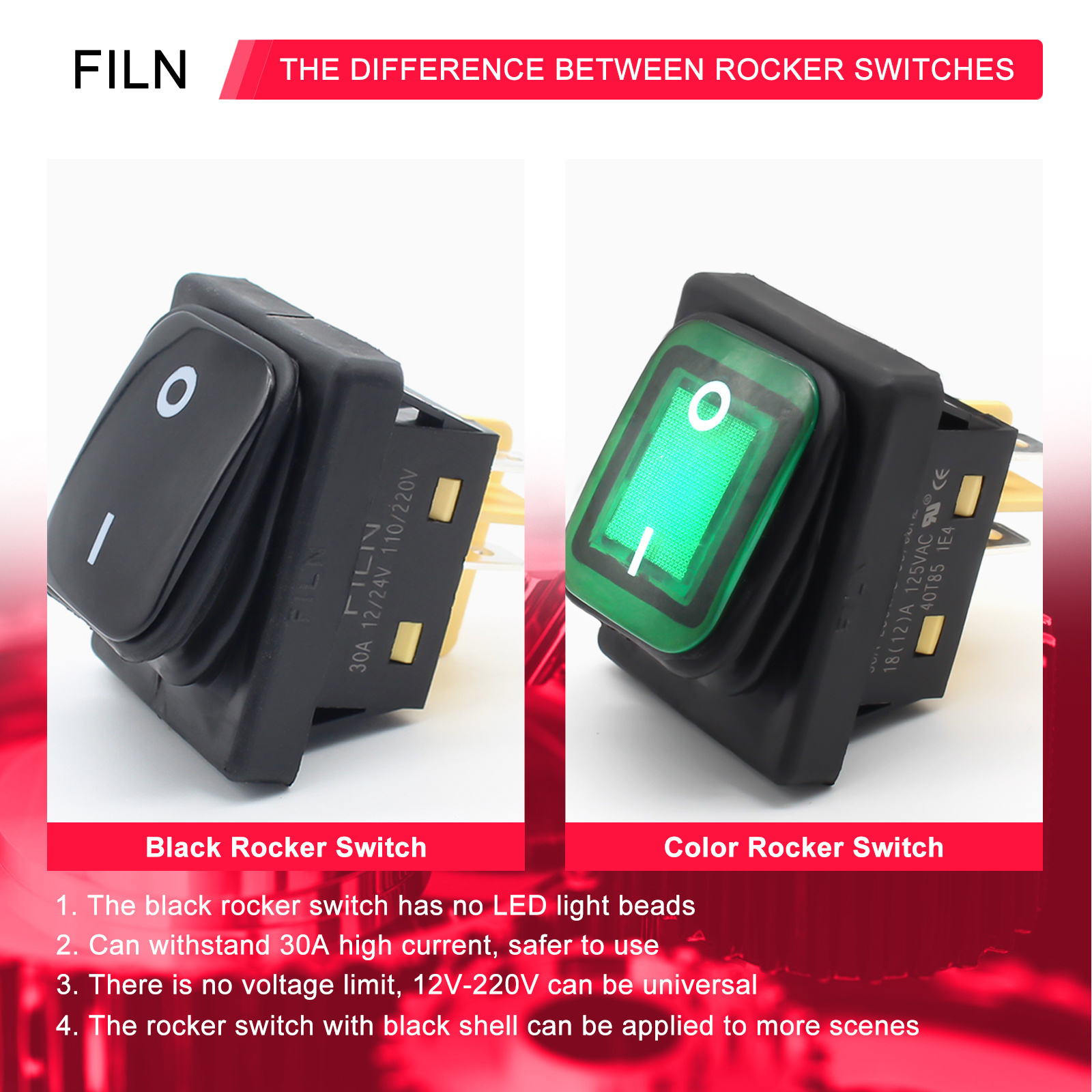 FILN 5Pcs 6Pin Rocker Switch Waterproof ON-Off-ON KCD4 12V 24V 110V 220V Red Green Yellow Blue White Boat Marine Toggle Switch