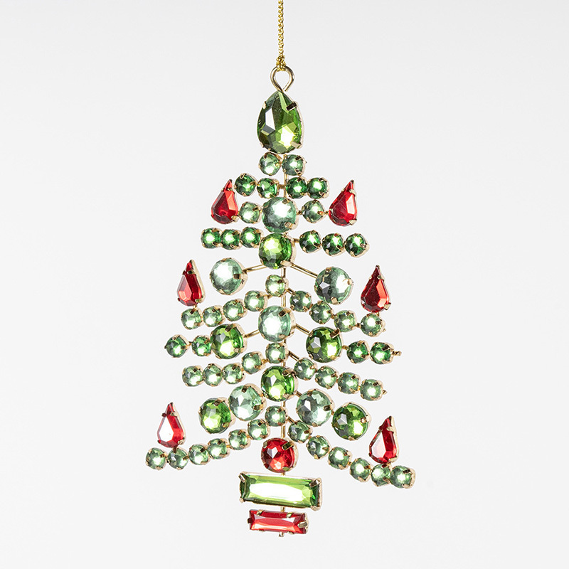 Acrylic Christmas Tree Ornament with Red Branch and Green Gems