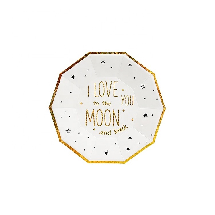 YR Disposable 7inch Gold Glitter Paper Plate For Wedding   Valentine's Day