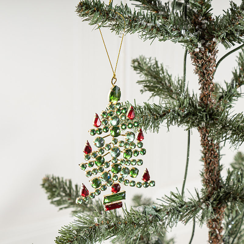 Acrylic Christmas Tree Ornament with Red Branch and Green Gems