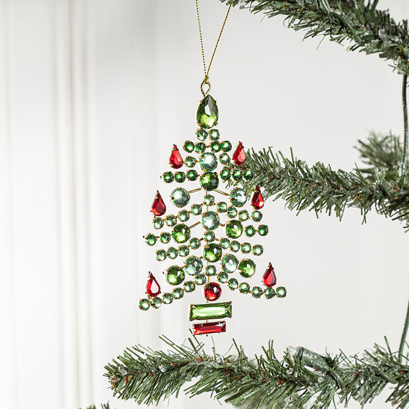 Acrylic Christmas Tree Ornament with Red Branch and Green Gems