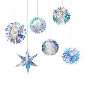 Iridescent color film birthday party snowflake fan shining colorful fan  Christmas hanging decoration