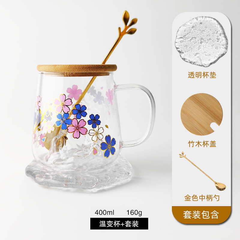 Unique Mountain Glass Hot Cold Color Changing Cup Cherry Blossom Mug Small Aesthetic Glass Cup with bamboo lids