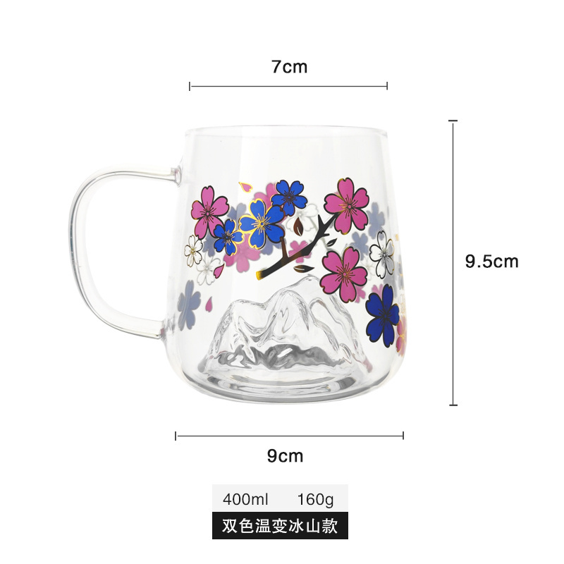 Unique Mountain Glass Hot Cold Color Changing Cup Cherry Blossom Mug Small Aesthetic Glass Cup with bamboo lids