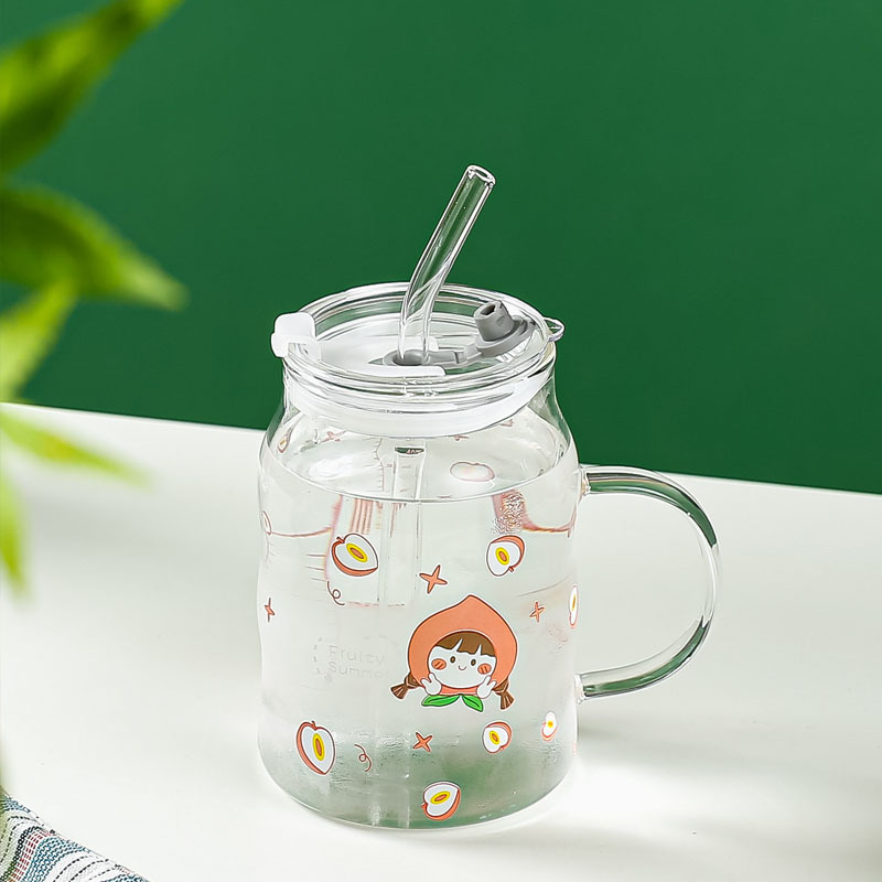 500ml Little Cute Cartoon Glass Printed Juice Coffee Colorful Measuring Cups Frosted Clear Glass Tumbler Lid Cup With Lid and St