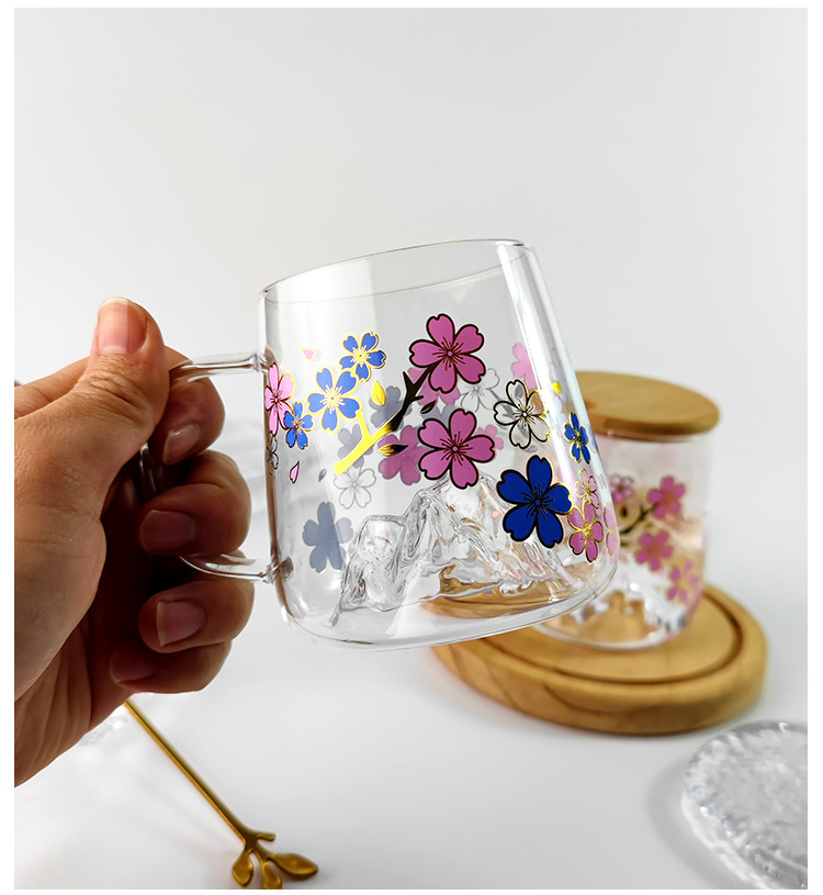 Unique Mountain Glass Hot Cold Color Changing Cup Cherry Blossom Mug Small Aesthetic Glass Cup with bamboo lids