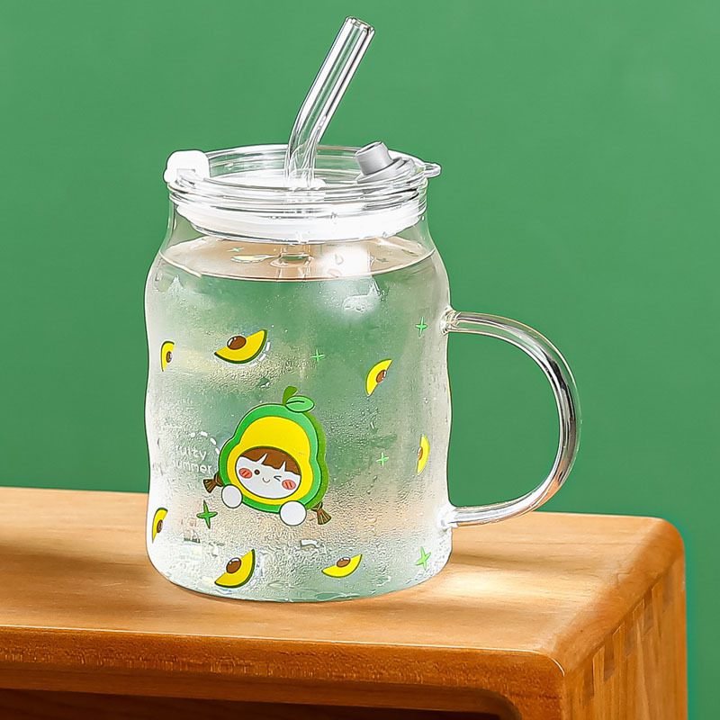 500ml Little Cute Cartoon Glass Printed Juice Coffee Colorful Measuring Cups Frosted Clear Glass Tumbler Lid Cup With Lid and St