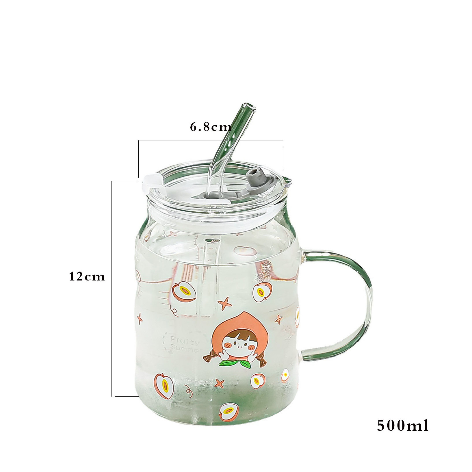 500ml Little Cute Cartoon Glass Printed Juice Coffee Colorful Measuring Cups Frosted Clear Glass Tumbler Lid Cup With Lid and St