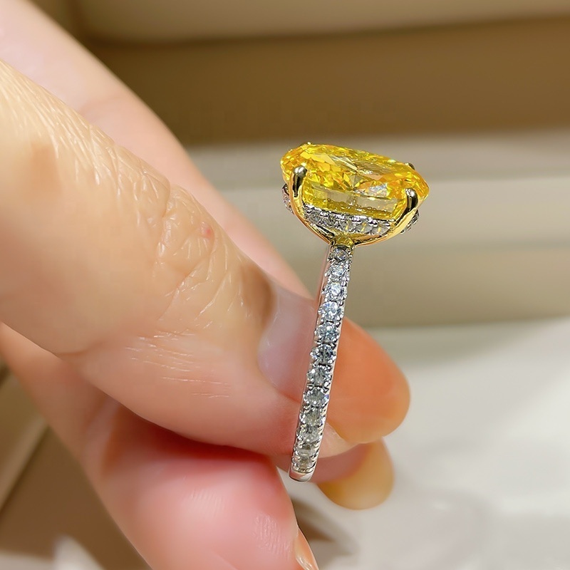 S925 sterling silver oval yellow diamond four claw diamond ring for women's fashionable and personalized index finger