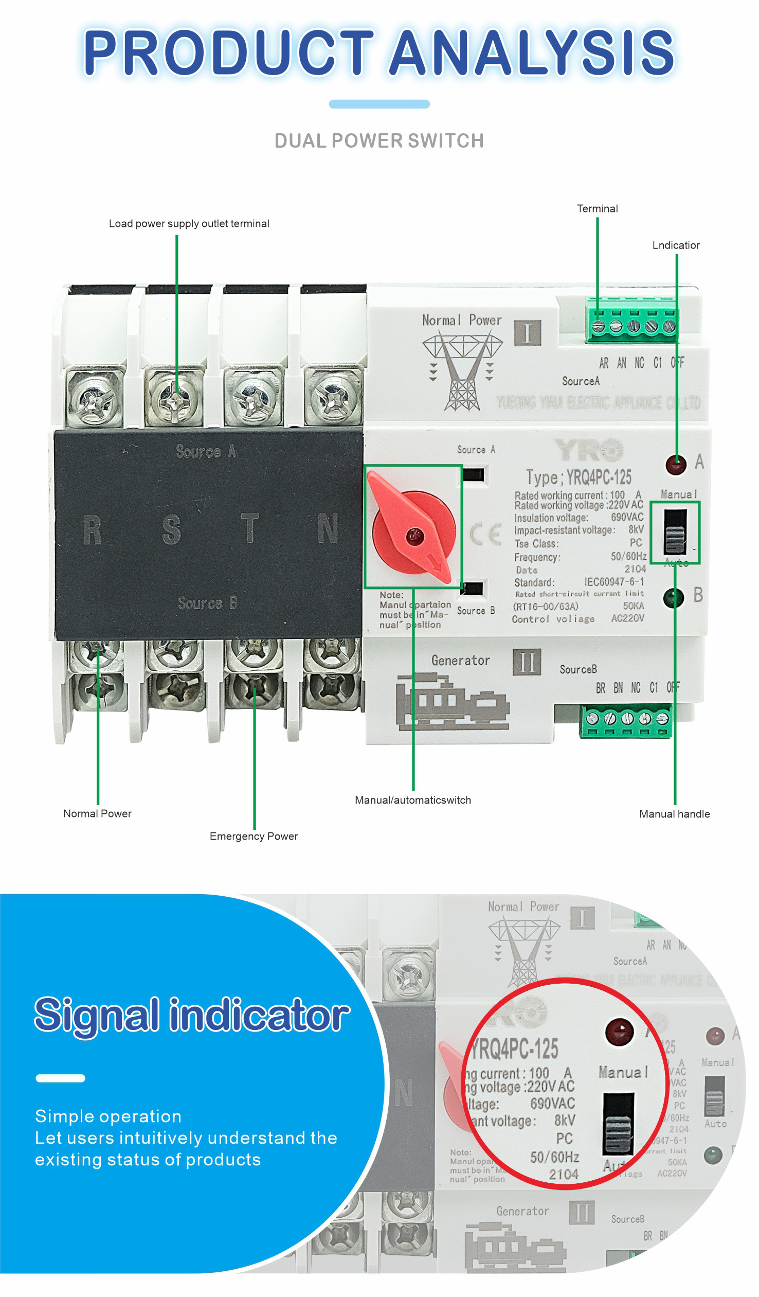 YRO 2P Mini ATS Dual Power Automatic Transfer Switch Gear Changeover Switch Electrical Selector Switches 100A generator solar