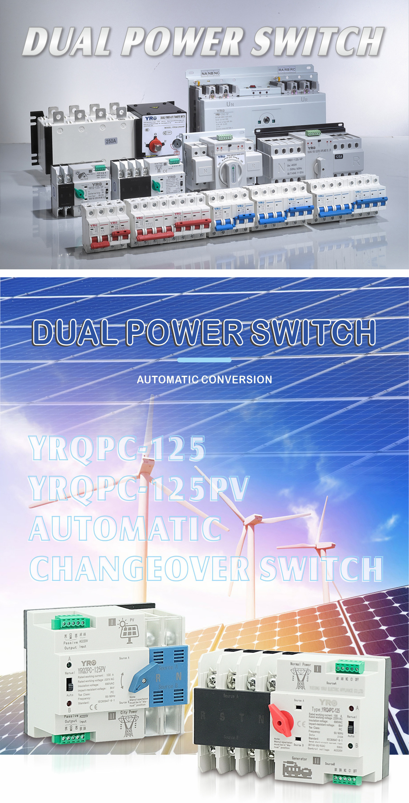 YRO 2P Mini ATS Dual Power Automatic Transfer Switch Gear Changeover Switch Electrical Selector Switches 100A generator solar