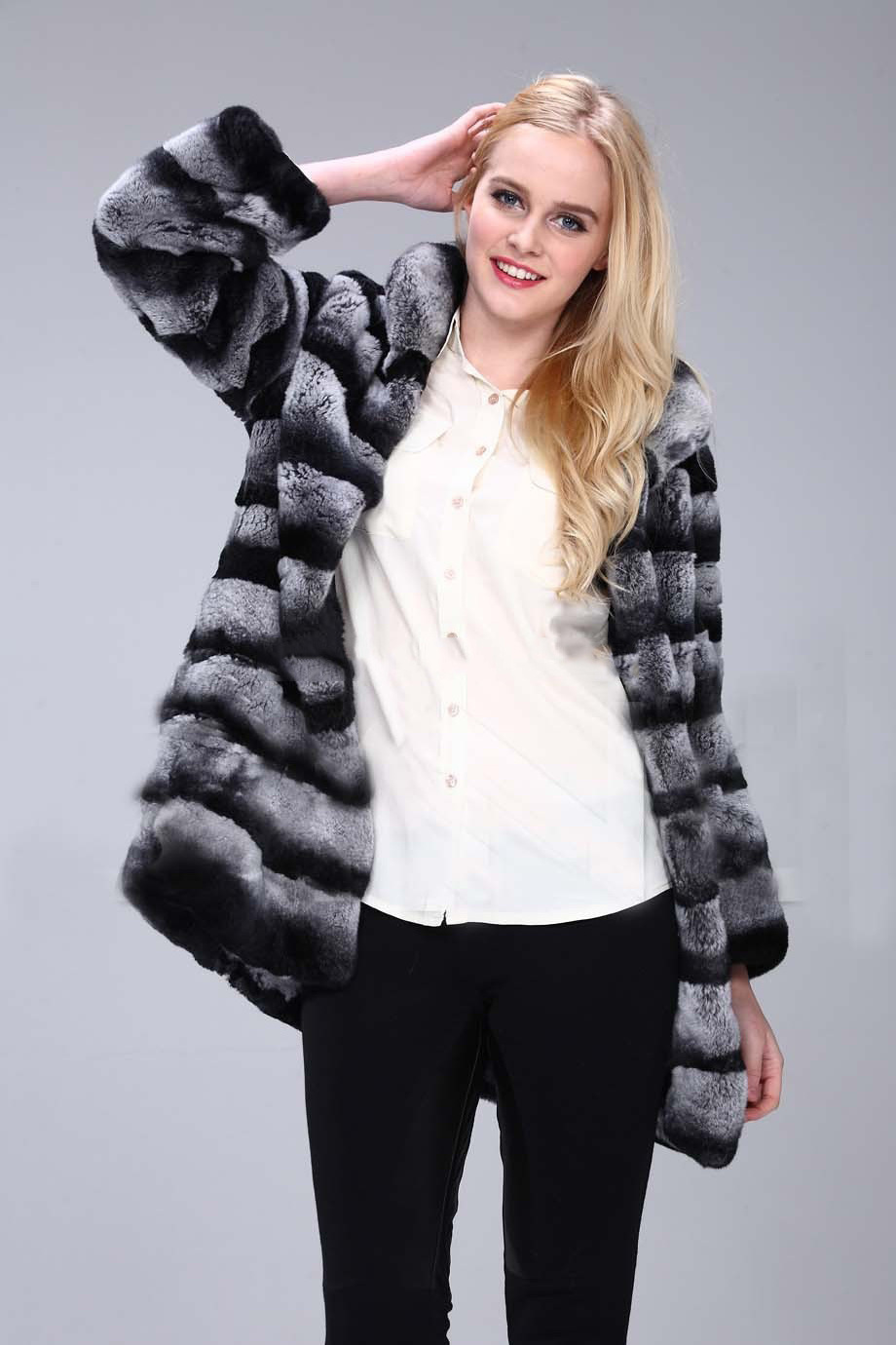 YR413  New Fashion Real Fur Full Pelt Over coat  Women Winter Real Rex Rabbit Chinchilla dyed Fur Coat