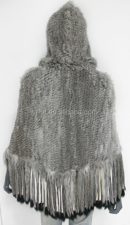 YR004 Ladies knitted genuine rabbit fur Shawl with tassel Hoodie fur Stole