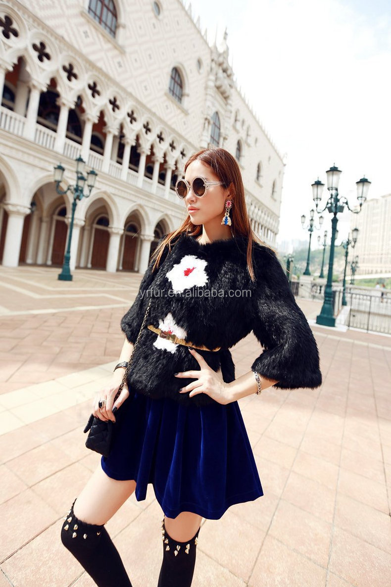 YR128 China Fur Factory Top Quality  Hand knitted Coat Women Flower Fur Sweater