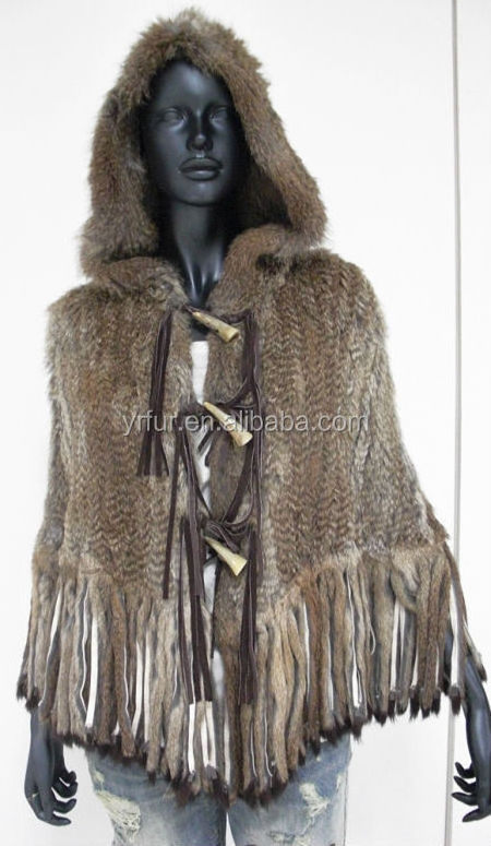 YR004 Ladies knitted genuine rabbit fur Shawl with tassel Hoodie fur Stole