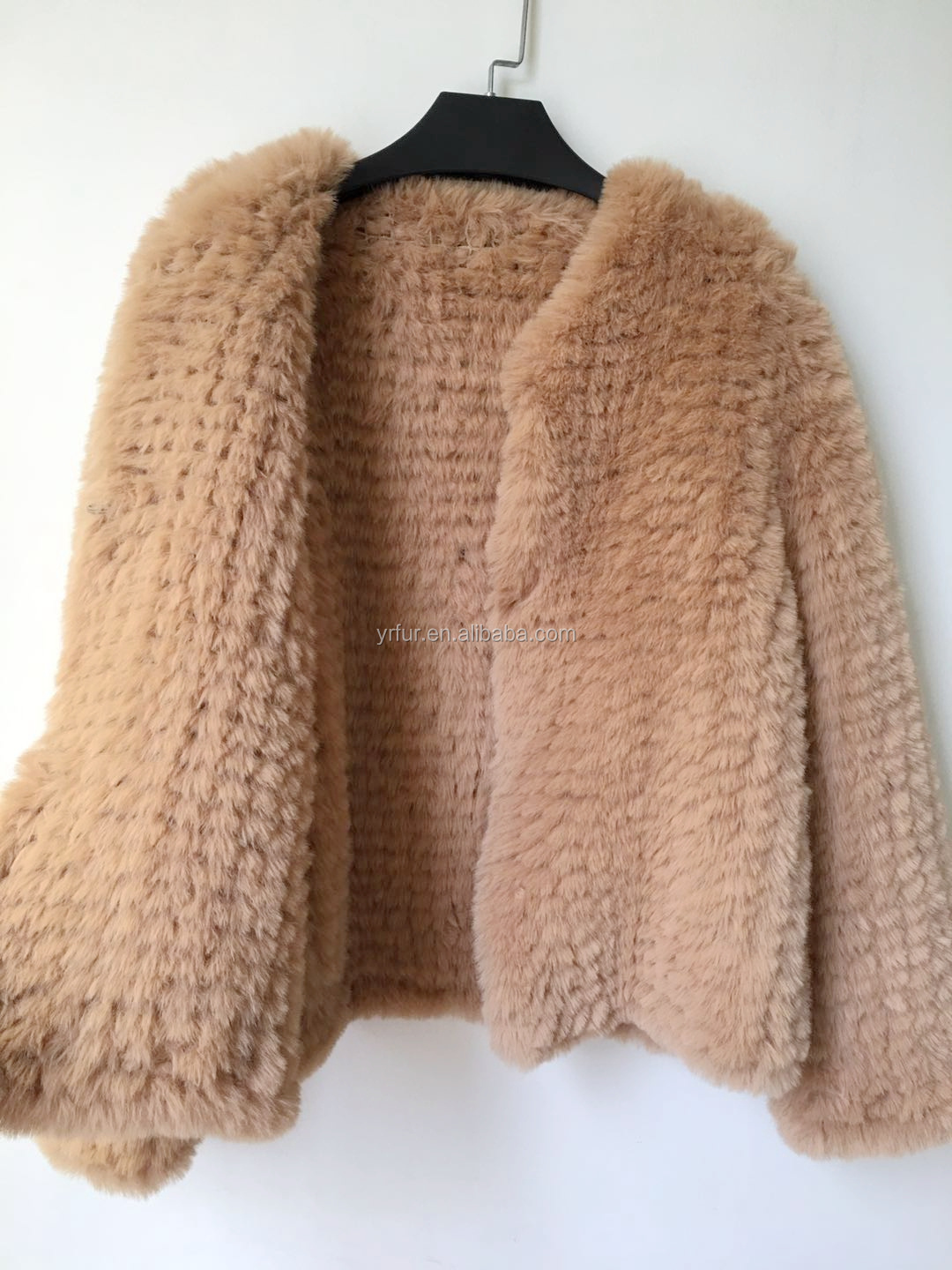 FF023 Women Classic Style V-neck Hand Knit Basic Jacket High End Faux Fur