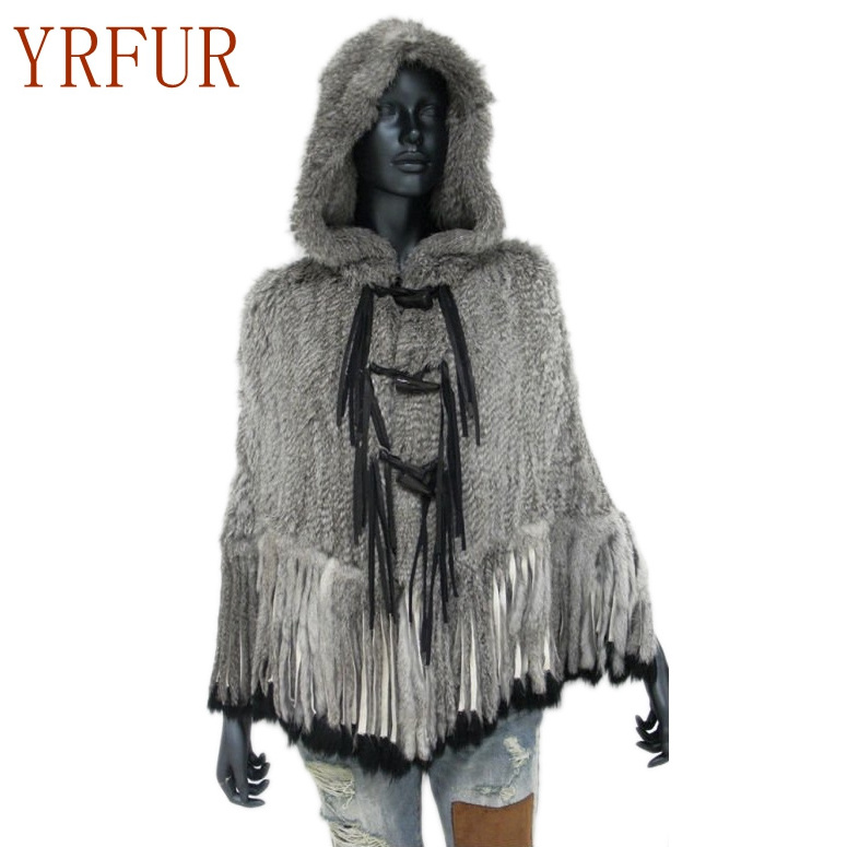 YR004 Ladies knitted genuine rabbit fur Shawl with tassel Hoodie fur Stole