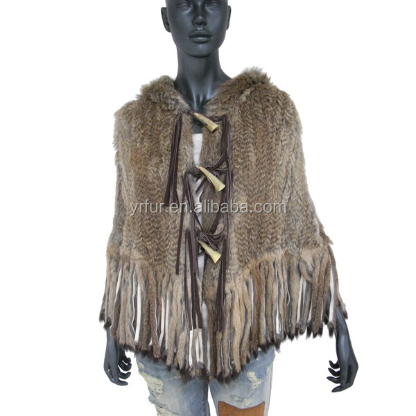 YR004 Ladies knitted genuine rabbit fur Shawl with tassel Hoodie fur Stole