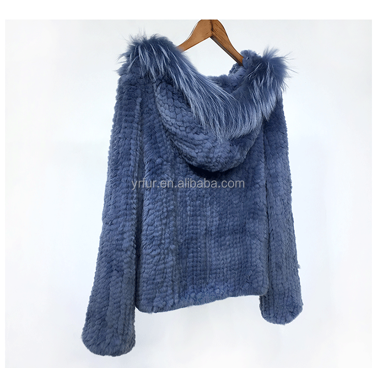 YR1162 Wholesale price women knitted fur jacket high quality real rex rabbit fur coat with racoon fur trimming