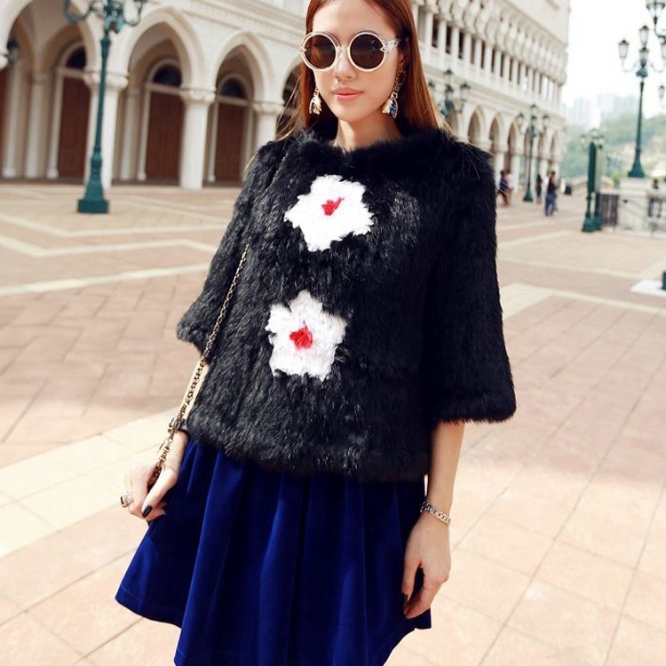 YR128 China Fur Factory Top Quality  Hand knitted Coat Women Flower Fur Sweater