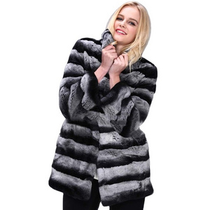 YR413  New Fashion Real Fur Full Pelt Over coat  Women Winter Real Rex Rabbit Chinchilla dyed Fur Coat