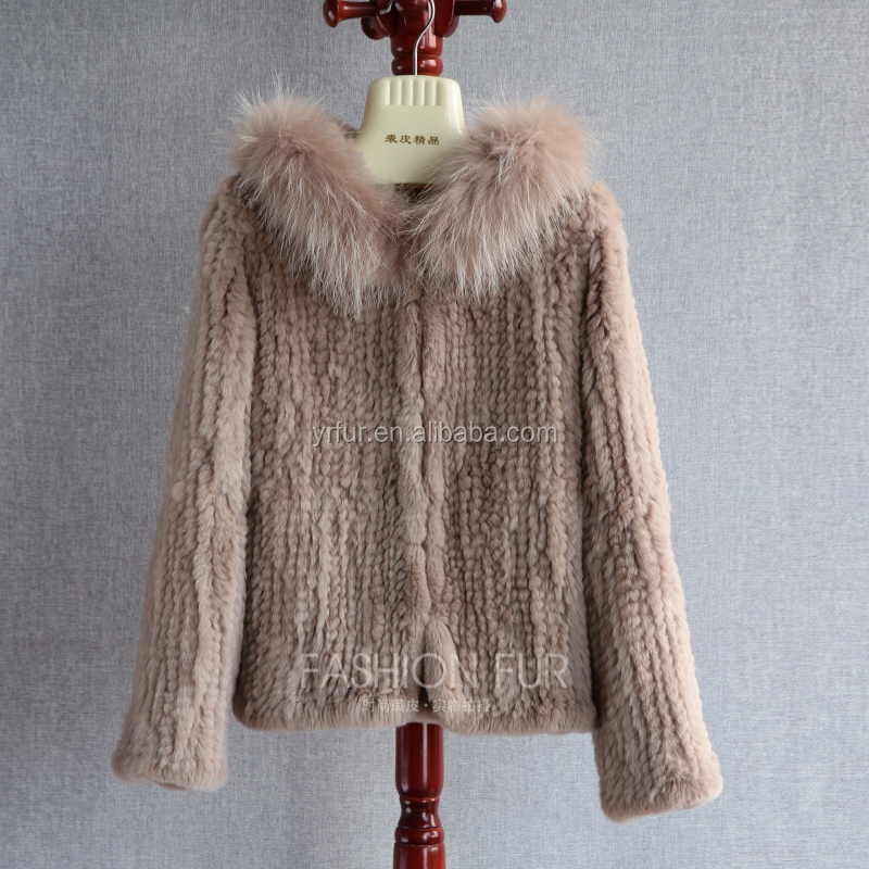 YR1162 Wholesale price women knitted fur jacket high quality real rex rabbit fur coat with racoon fur trimming