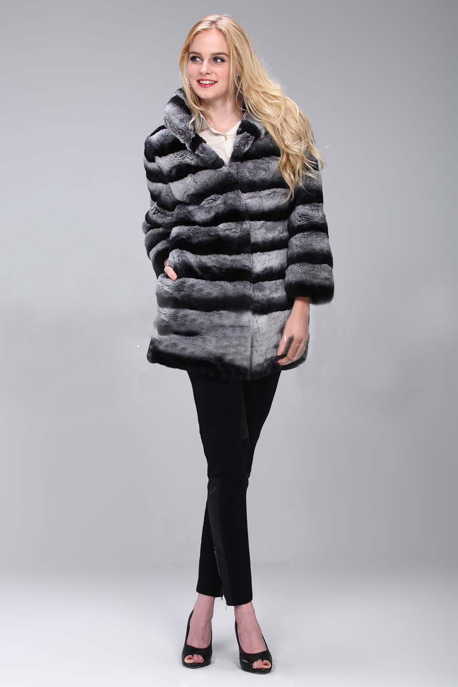 YR413  New Fashion Real Fur Full Pelt Over coat  Women Winter Real Rex Rabbit Chinchilla dyed Fur Coat