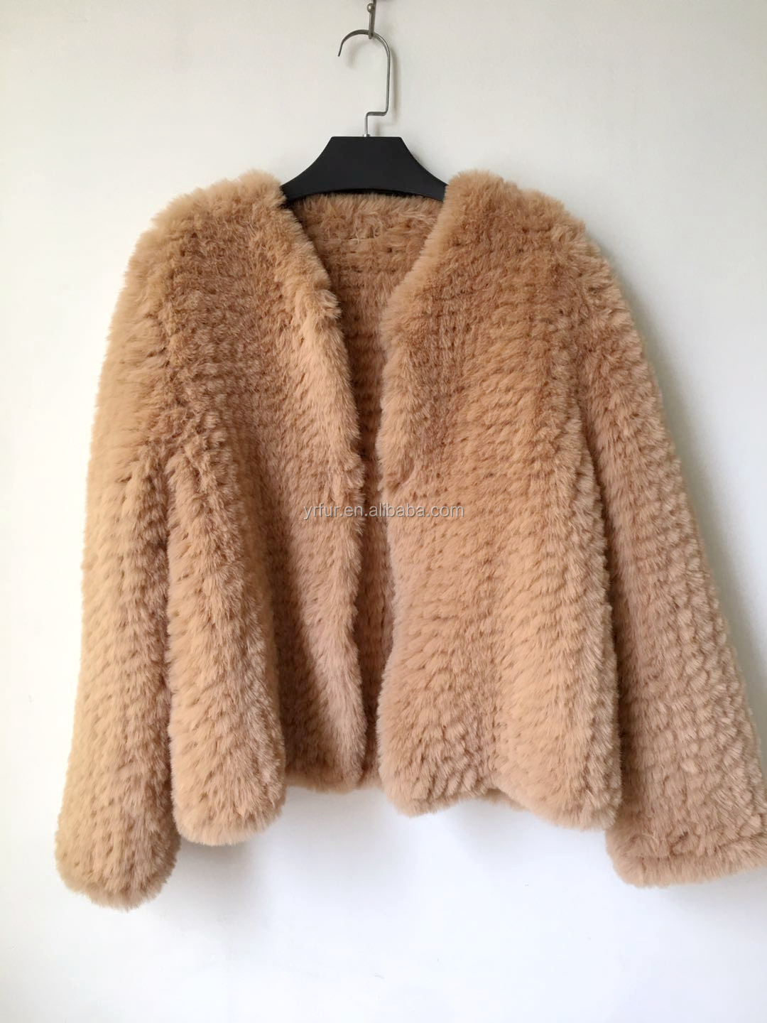 FF023 Women Classic Style V-neck Hand Knit Basic Jacket High End Faux Fur