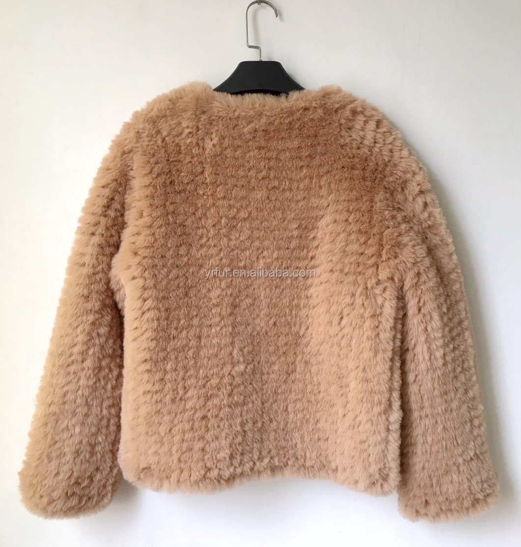 FF023 Women Classic Style V-neck Hand Knit Basic Jacket High End Faux Fur