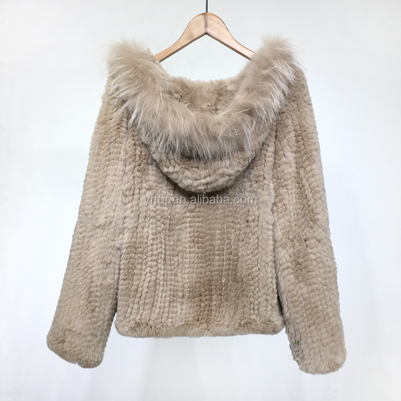 YR1162 Wholesale price women knitted fur jacket high quality real rex rabbit fur coat with racoon fur trimming