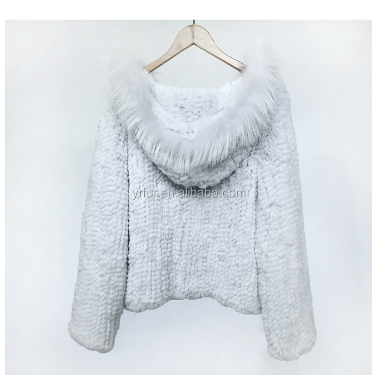 YR1162 Wholesale price women knitted fur jacket high quality real rex rabbit fur coat with racoon fur trimming