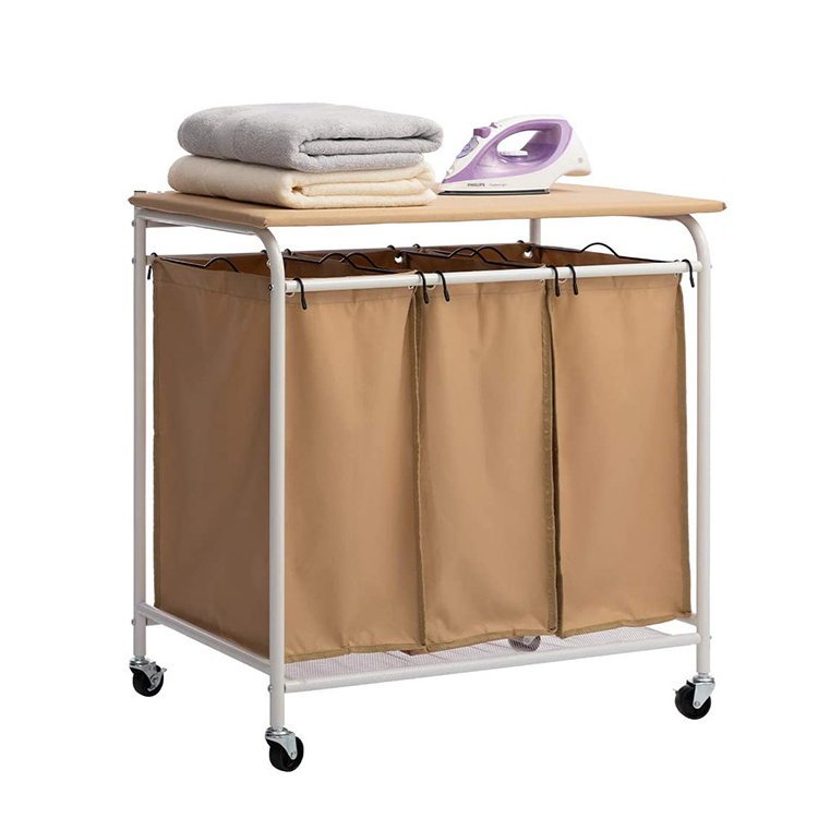 Classic rolling laundry sorter cart heavy duty 3 bags laundry hamper sorter with ironing board