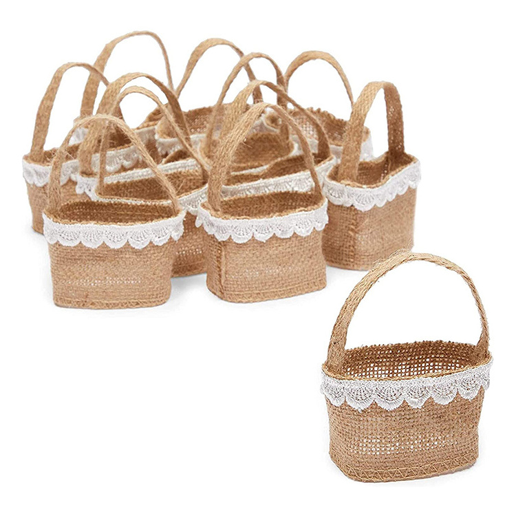 Small customize linen fabric flax set with lace wedding flower BASKET