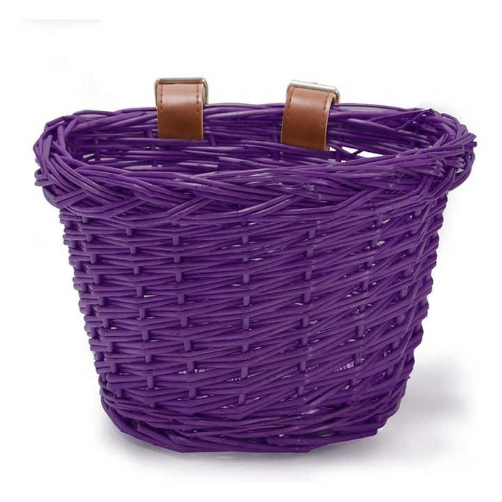 Handmade eco friendly wicker kids bicycle bike baskets with PU leather handle for girls purple