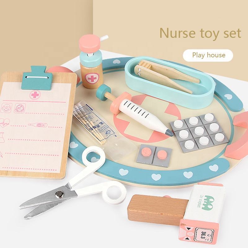 Wooden play house doctor nurse medical tray toys simulation pills syringe tweezers role-play educational toys