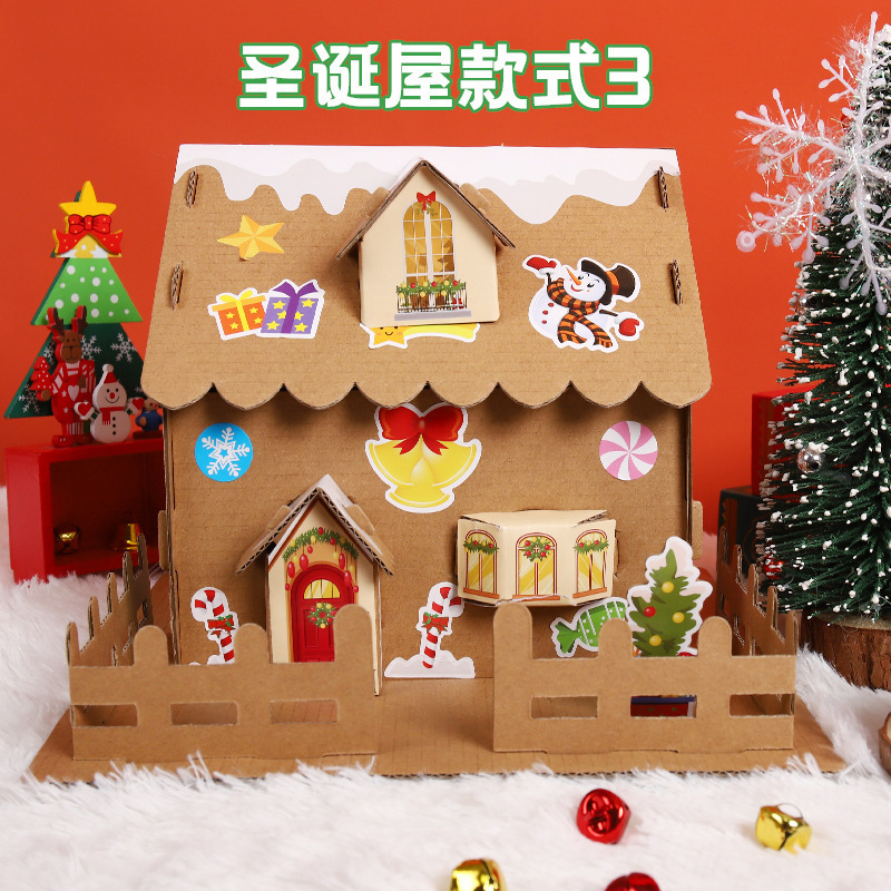 Christmas DIY paper house children creative handmade assembled paper snow house elk sticker toys