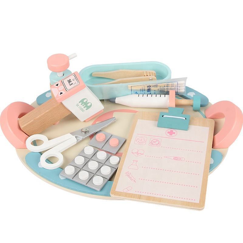 Wooden play house doctor nurse medical tray toys simulation pills syringe tweezers role-play educational toys