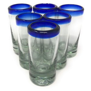 2 Oz Hand Blown Mexican Tequila Shot Glasses Cobalt Blue Rim Tequila Shot Glasses