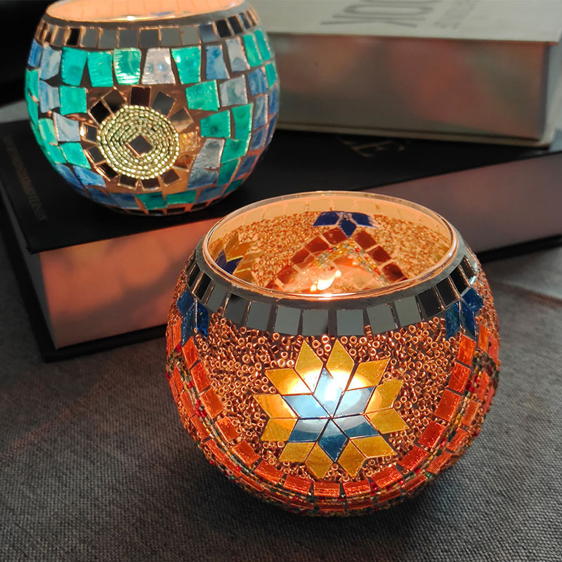 Blue and Green Mosaic Glass Candle Holder: Round Glass Candle Cup