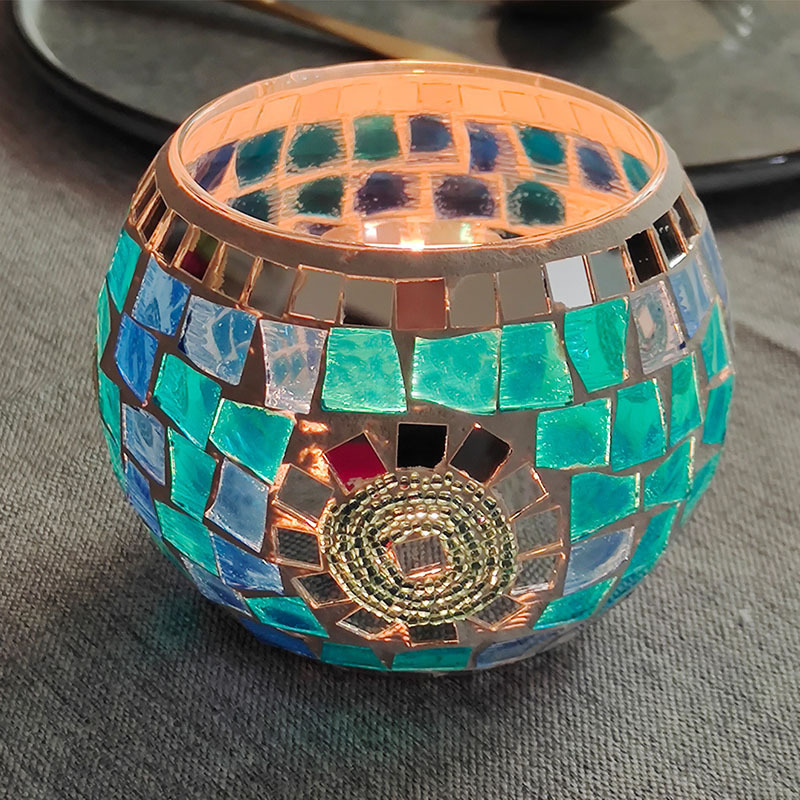 Blue and Green Mosaic Glass Candle Holder: Round Glass Candle Cup