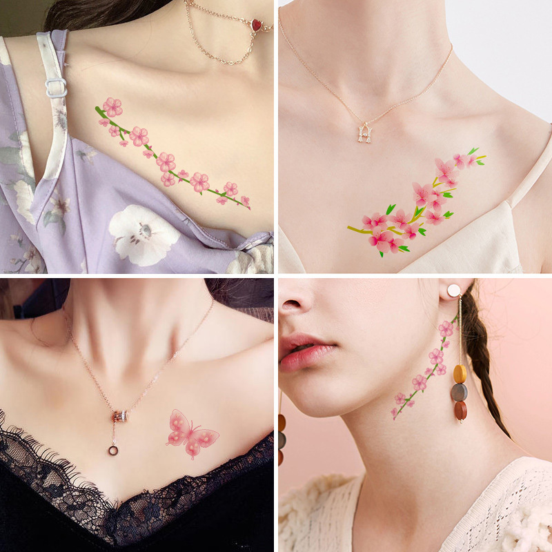 Waterproof Cherry Blossom Clavicle Tattoo Sticker Peach Blossom Small Fresh Flower Tattoo Sticker