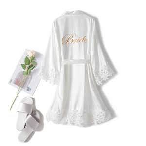 Factory Wholesale Lace Bride Robe Sleepwear Embroidery Robe Kimono Women Silk Casual Home Night Dress Bridesmaid Robes