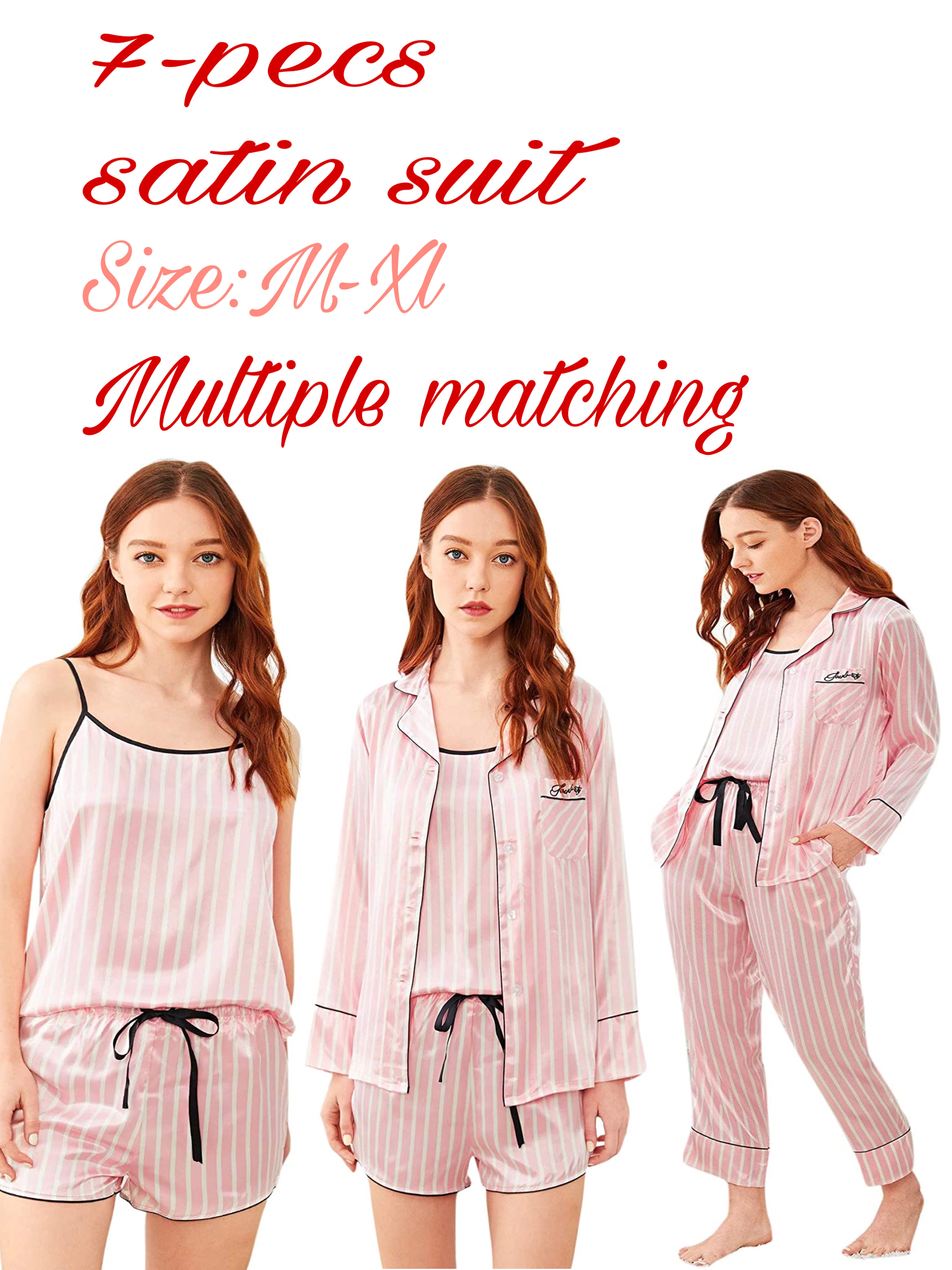 7 Pcs Sets Satin Women Pajamas Silk Nighty Elegant Print Shorts Long Sleeve Striped Sleepwear Silk Suits Sex nighty